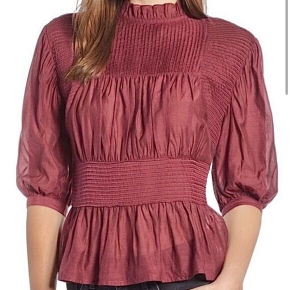 Something navy maroon pleated button back ruffle cupro top small coquette - Picture 2 of 8